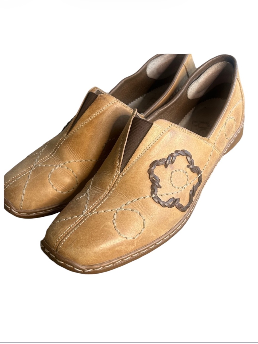 Rieker Tan Leather Slip-On Loafers Shoes Floral Stitch Comfort Size EU 40